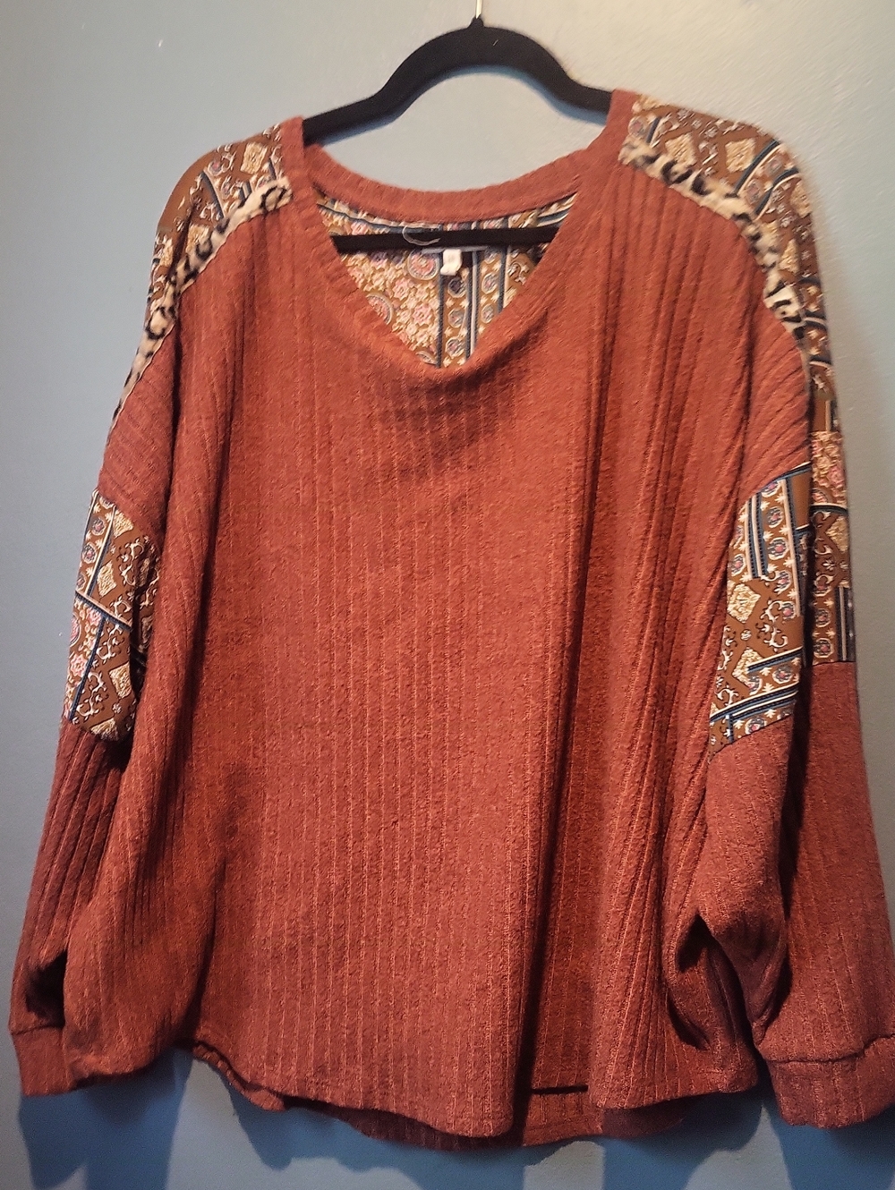 Maurices Rust Brown Pullover Sweater with Patterned Shoulder Panels